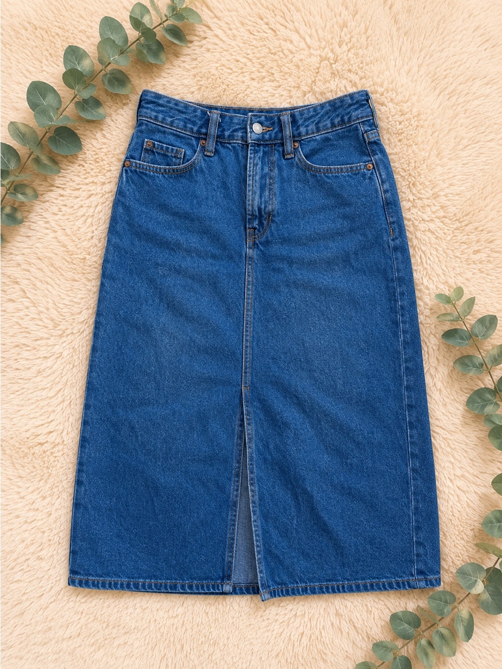 Old Navy High Rise Denim Midi Skirt Front Slit Size 6